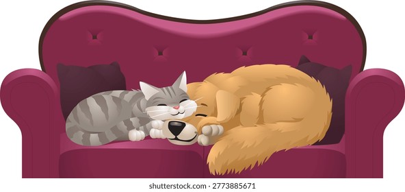 This adorable vector illustration features a cartoon cat and dog peacefully sleeping together on a comfortable magenta sofa, creating a warm and heartwarming scene of friendship and companionship between pets. The composition highlights a gray striped cat curled up closely beside a fluffy golden colored dog, both resting calmly in a relaxed and cozy position. The central placement of the characters on a stylized plush couch enhances the visual balance and draws attention to their gentle bond.

Designed in a cute and modern flat illustration style, this artwork is ideal for digital graphics, clipart collections, and children themed content. The simplified shapes, soft color palette, and expressive yet minimal details make it visually appealing and easy to use across a wide range of creative applications. The design focuses on clarity and charm, making it suitable for both educational and entertainment purposes.

The illustration emphasizes themes of friendship, harmony, and companionship, showcasing how different animals can share comfort and trust. This emotional connection between the cat and dog adds storytelling value to the artwork, making it engaging for audiences of all ages. The cozy sofa setting further enhances the sense of relaxation and warmth, creating a visually comforting scene.

Perfect for use in pet care branding, children’s books, greeting cards, social media content, mobile applications, website graphics, posters, and lifestyle designs, this vector illustration offers great versatility. It can be easily adapted for both personal and commercial projects due to its clean and scalable format.

The flat design style ensures high quality output across various sizes without loss of detail, making it suitable for icons, stickers, infographics, and decorative elements. This art is an excellent choice for designers and content creators looking to represent pet friendship, cute animal interactions, and cozy lifestyle themes in a visually engaging and modern way.
