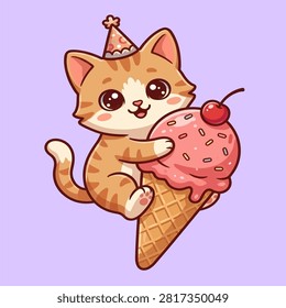 This adorable vector illustration features a ginger tabby kitten wearing a festive birthday party hat while joyfully hugging a large strawberry ice cream cone. The kawaii design is perfect for birthday cards, nursery decor, and summer-themed graphic projects.