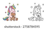 This adorable vector set features a unicorn hugging a teddy bear, provided in both full-color and black-and-white outline versions. It is perfect for children
