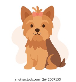 This adorable Yorkshire Terrier is illustrated with soft colors, showcasing its characteristic fur and a cute bow. The dog sits comfortably, exuding charm and playfulness.