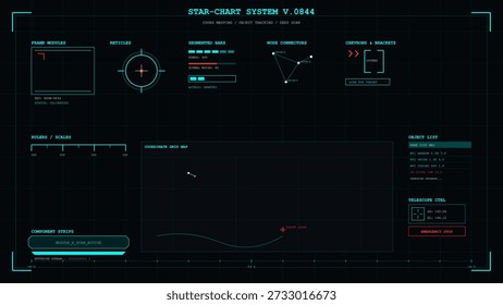 This advanced astronomical coordinate mapping system display features object tracking and deep scan functions within a futuristic graphical user interface.