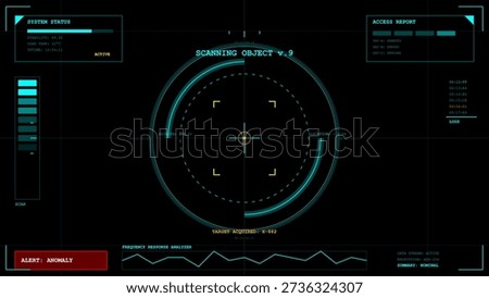 This advanced digital interface features a central scanning reticle, system status reports, and security logs for target acquisition data.