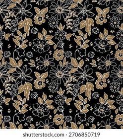 This allover pattern features a repeating design of stylized flowers and leaves in gold and white outlines against a black background.