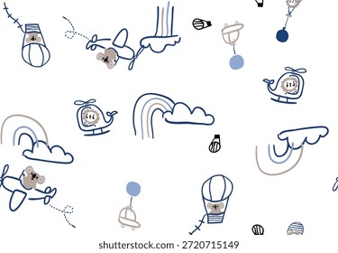 Dieser All-Over-Print zeichnet sich durch ein skurriles und luftiges Muster aus schwimmenden Ballons und weichen Wolken aus, die gleichmäßig über die gesamte Oberfläche verteilt sind. Das sich wiederholende Design erzeugt einen nahtlosen Fluss ohne leere Bereiche, was dem Druck ein helles und ausgewogenes Aussehen verleiht. Ballons in sanften Formen und fröhlichen Farben sorgen für ein Gefühl der Freude und Bewegung, während die Wolken eine ruhige, verträumte Note bringen. Die harmonische Farbpalette verbindet weiche Pastelltöne mit subtilen Glanzlichtern, die die spielerische und zugleich beruhigende Stimmung des Designs verstärken. Dieser Druck ist perfekt für Kinderbekleidung, Baumschultextilien, Schreibwaren oder Dekor geeignet und ruft Fantasie, Freiheit und unbeschwerten Spaß hervor