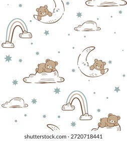 Este estampado integral muestra un patrón suave y relajante con un oso durmiente combinado con nubes suaves y esponjosas. Los Elementos se repiten uniformemente en toda la superficie, creando un diseño sin fisuras y equilibrado sin espacios vacíos. El oso se ilustra en una pose tranquila y reparadora, realzando el sentimiento pacífico de la impresión, mientras que las nubes flotantes agregan una atmósfera de ensueño y luz. Una paleta de colores suaves y apagados refuerza la sensación de comodidad y calidez, haciendo que el diseño se sienta acogedor y reconfortante. Este estampado es ideal para ropa de niños, ropa de dormir, mantas o decoración de la guardería, evocando sentimientos de calma, seguridad e imaginación suave