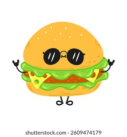 This amusing cartoon burger, sporting sunglasses, is throwing a rock-on hand sign with a delightful smile.