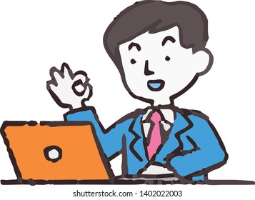 This is an Analog style illustration of working man and laptop PC.