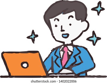 This is an Analog style illustration of working man and laptop PC.