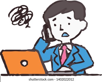This is an Analog style illustration of working man and laptop PC.