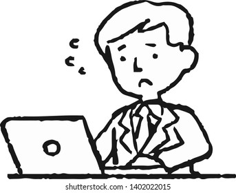 This is an Analog style illustration of working man and laptop PC.