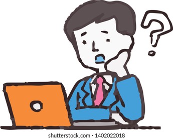 This is an Analog style illustration of working man and laptop PC.