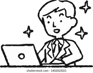 This is an Analog style illustration of working man and laptop PC.
