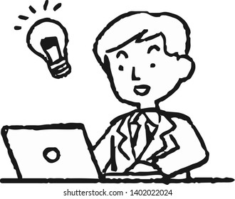 This is an Analog style illustration of working man and laptop PC.