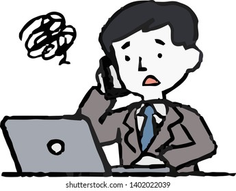 This is an Analog style illustration of working man and laptop PC.