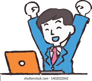 This is an Analog style illustration of working man and laptop PC.
