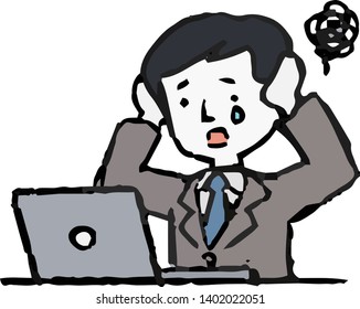 This is an Analog style illustration of working man and laptop PC.