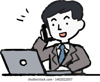 This is an Analog style illustration of working man and laptop PC.