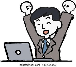 This is an Analog style illustration of working man and laptop PC.