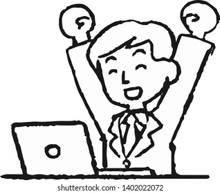 This is an Analog style illustration of working man and laptop PC.