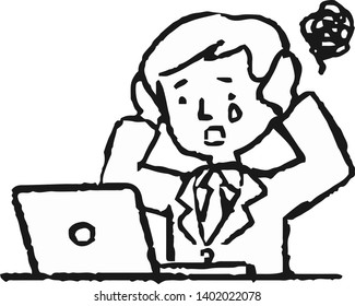 This is an Analog style illustration of working man and laptop PC.