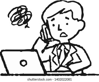 This is an Analog style illustration of working man and laptop PC.