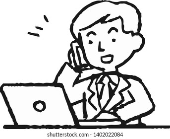This is an Analog style illustration of working man and laptop PC.