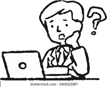 This is an Analog style illustration of working man and laptop PC.