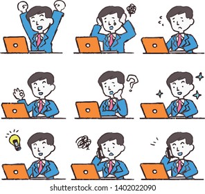 This is an Analog style illustration of working man and laptop PC.
