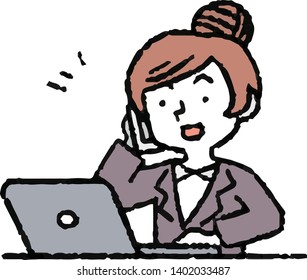 This is an Analog style illustration of working woman and laptop PC.