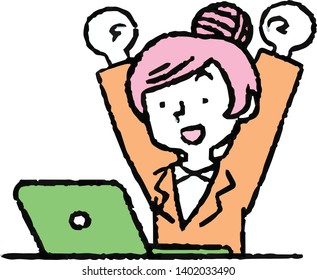 This is an Analog style illustration of working woman and laptop PC.