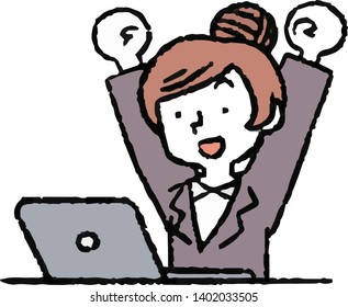 This is an Analog style illustration of working woman and laptop PC.