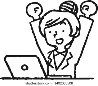 This is an Analog style illustration of working woman and laptop PC.