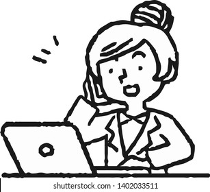 This is an Analog style illustration of working woman and laptop PC.