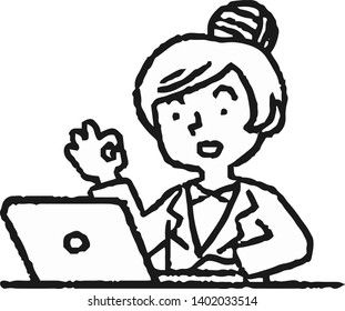 This is an Analog style illustration of working woman and laptop PC.