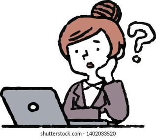 This is an Analog style illustration of working woman and laptop PC.