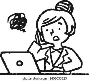 This is an Analog style illustration of working woman and laptop PC.