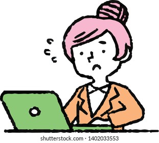 This is an Analog style illustration of working woman and laptop PC.