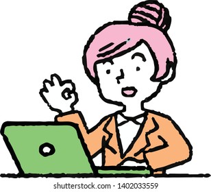 This is an Analog style illustration of working woman and laptop PC.