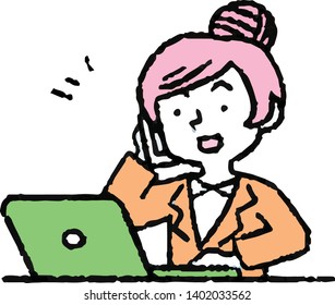 This is an Analog style illustration of working woman and laptop PC.