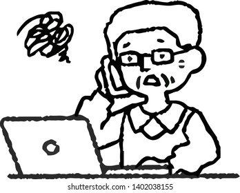 This is an analog-style illustration of an elderly man using a PC.