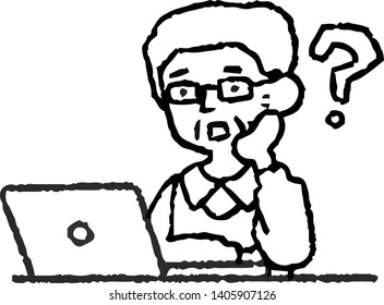 This is an analog-style illustration of an elderly man using a PC.