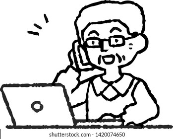 This is an analog-style illustration of an elderly man using a PC.