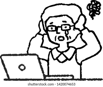 This is an analog-style illustration of an elderly man using a PC.