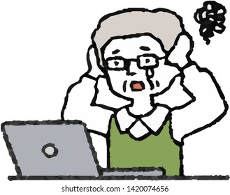 This is an analog-style illustration of an elderly man using a PC.
