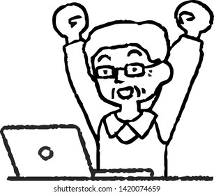 This is an analog-style illustration of an elderly man using a PC.