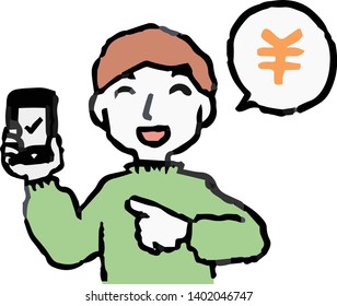 This is an Analog-style illustration of man using smartphone payment.