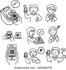 This is an Analog-style illustration of man using smartphone payment.