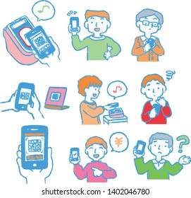 This is an Analog-style illustration of man using smartphone payment.