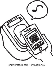 This is an Analog-style illustration of man using smartphone payment.