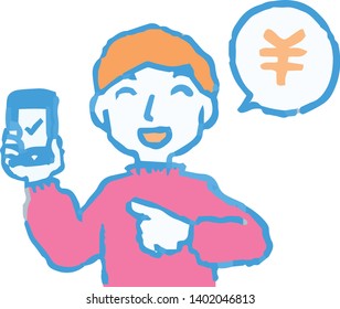 This is an Analog-style illustration of man using smartphone payment.